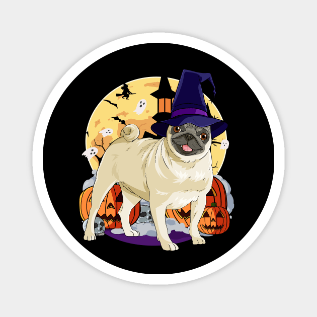 Pug Witch Pumpkin Happy Halloween Magnet by Noseking